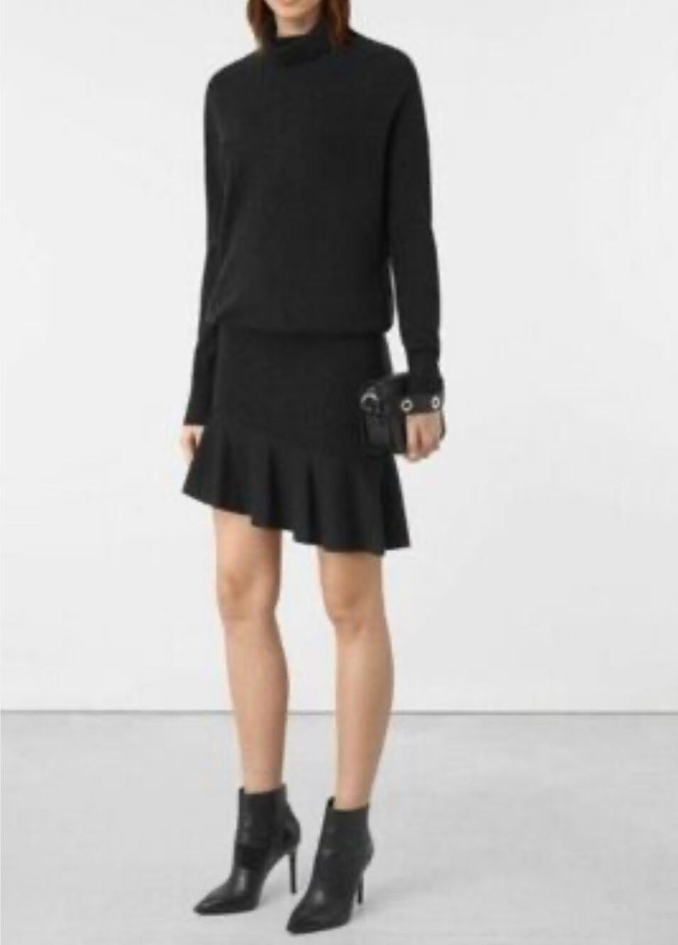 AllSaints wool Cashmere Hava Midi Dress L Black asymmetrical turtleneck Gothic